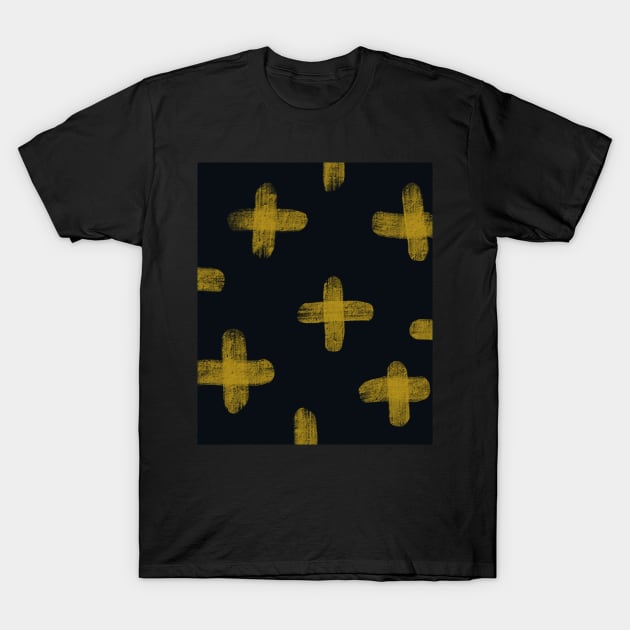 Abstract drawing of yellow crosses on blue T-Shirt by Pacesyte